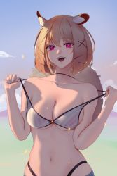 Rule 34 | 1girl, :d, alternate breast size, arknights, bare arms, bare shoulders, bikini, blonde hair, breasts, cleavage, collarbone, day, fangs, gradient sky, hair ornament, hairclip, hat, hat on back, highres, icycore, looking at viewer, medium breasts, navel, official alternate costume, open mouth, outdoors, pink eyes, pulling own clothes, short hair, sky, slit pupils, smile, solo, stomach, strap pull, straw hat, striped bikini, striped clothes, swimsuit, teeth, upper body, upper teeth only, utage (arknights), utage (summer flowers) (arknights), water, x hair ornament