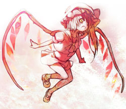 Rule 34 | 1girl, bad id, bad pixiv id, fang, female focus, flandre scarlet, flying, hat, monochrome, open mouth, outstretched arms, red theme, shoes, side ponytail, solo, spot color, spread arms, touhou, utsugi (skydream), wings, yellow eyes
