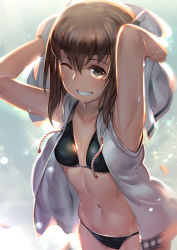 Rule 34 | 10s, 1girl, armpits, arms up, backlighting, bikini, bikini under clothes, black bikini, black eyes, blurry, breasts, brown hair, cowboy shot, depth of field, donarudo, drawstring, drying, drying hair, grin, groin, hair between eyes, headband, highres, hood, hood down, hooded vest, hoodie, kantai collection, light particles, looking at viewer, navel, one eye closed, open clothes, petals, pocket, sleeveless, small breasts, smile, solo, stomach, string bikini, swimsuit, taihou (kancolle), teeth, towel, towel on head, underboob, vest, wet, white vest