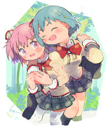 Rule 34 | 2girls, arm around shoulder, bad id, bad pixiv id, bag, black legwear, black skirt, blue hair, blush, blush stickers, carrying, carrying over shoulder, cheek-to-cheek, closed eyes, dot nose, feet out of frame, floating hair, hair ornament, hair ribbon, hairclip, heads together, hug, hug from behind, juliet sleeves, kaname madoka, kirikuchi riku, long sleeves, looking at another, mahou shoujo madoka magica, mahou shoujo madoka magica (anime), miki sayaka, mitakihara school uniform, multiple girls, neck ribbon, open mouth, parted lips, pink eyes, pink hair, plaid, plaid skirt, pleated skirt, puffy sleeves, red ribbon, ribbon, school bag, school uniform, short hair, short twintails, skirt, standing, thighhighs, twintails, uniform, white legwear