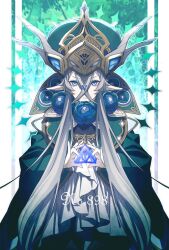 Rule 34 | 1boy, :|, androgynous, antlers, blue eyes, blue flower, border, calyrex, cloak, closed mouth, creatures (company), crossed bangs, crown, flower, flower wreath, game freak, gen 8 pokemon, gesture, gold trim, green background, green cloak, grey hair, hair over shoulder, highres, horns, legendary pokemon, lollypopcandy8050, long bangs, long hair, long sleeves, looking at viewer, male focus, nintendo, outside border, personification, pillarboxed, pointy ears, pokedex number, pokemon, robe, serious, solo, straight-on, supportasse, triangle, upper body, v-shaped eyebrows, white border, white robe, wide sleeves