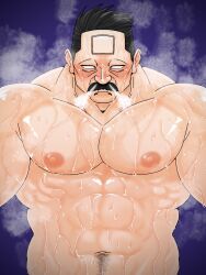 Rule 34 | 1boy, abs, bara, blank eyes, golden kamuy, highres, large pectorals, male focus, mature male, muscular, muscular male, mustache, navel, navel hair, nipples, nude, old, old man, pectorals, puff of air, short hair, solo, steam from nose, steaming body, strongman waist, sweat, thick mustache, upper body, ushiyama tatsuma, very sweaty, yoshio (ginnan 0510)