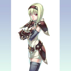 Rule 34 | 1girl, :o, armor, belt, black thighhighs, blonde hair, crossed arms, dress, fantasy, faulds, fingerless gloves, gauntlets, gloves, gradient background, hair between eyes, hairband, kousaki rui, looking at viewer, looking back, open mouth, original, pauldrons, pointing, profile, red eyes, short dress, short hair, shoulder armor, sidelocks, simple background, solo, standing, thighhighs, turtleneck, white background, zettai ryouiki
