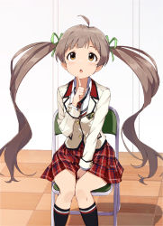 Rule 34 | 1girl, :o, ahoge, between legs, black socks, blush, brown eyes, brown hair, buttons, chair, collared shirt, commentary, emblem, feet out of frame, finger to own chin, folding chair, green ribbon, hair ribbon, hakozaki serika, hand between legs, hand up, highres, idolmaster, idolmaster million live!, idolmaster million live! theater days, index finger raised, indoors, jacket, kneehighs, knees together feet apart, long hair, long sleeves, looking up, miniskirt, necktie, on chair, open mouth, plaid, plaid skirt, pleated skirt, rauto, red skirt, ribbon, school uniform, shirt, sitting, skirt, socks, solo, tile floor, tiles, twintails, uniform series (idolmaster), very long hair, white jacket, white shirt