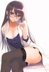 Rule 34 | 1girl, absurdres, arm support, black-framed eyewear, black bow, black bra, blush, bow, bra, breasts, brown eyes, brown hair, brown thighhighs, cleavage, coat, collarbone, crossed legs, earrings, front-hook bra, glasses, hair between eyes, highres, holding, holding pen, jewelry, lab coat, leaning to the side, long hair, long sleeves, looking at viewer, medium breasts, open clothes, open coat, parted lips, pen, see-through, shiny skin, sister blood, sitting, solo, straight hair, thighhighs, tony taka, underwear, whiskers
