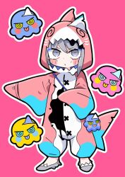 Rule 34 | 1girl, :o, :p, @ @, animal bag, animal costume, bag, blue bag, blue eyes, blush stickers, closed mouth, eyelashes, fins, fish tail, full body, gills, grey eyes, grey footwear, grey hair, hood, hood up, long sleeves, looking at viewer, octopus, open mouth, original, outline, outstretched arm, pink background, pink hood, pink sleeves, shark costume, shark tail, short hair, shoulder bag, simple background, sleeves past fingers, sleeves past wrists, slippers, smile, solid eyes, solo, tail, terada tera, tongue, tongue out, triangular headpiece, white outline, yellow eyes