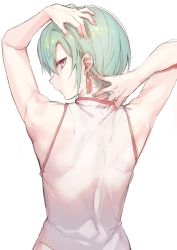 Rule 34 | androgynous, back, back focus, earrings, from behind, gender request, green hair, hand on own head, hand on own neck, highres, jewelry, konbu wakame, looking back, nail polish, nape, nijisanji, purple eyes, red nails, ryuushen, short hair, shoulder blades, simple background, solo, virtual youtuber, white background