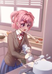 Rule 34 | 1girl, :d, baking, blazer, blue skirt, bob cut, bow, bowl, bowtie, breasts, brown jacket, brown sweater vest, cake, chocolate icing, collared shirt, commentary, counter, cowboy shot, doki doki literature club, dress shirt, egg, fang, food, fruit, glass bowl, hair ornament, hair ribbon, highres, icing, indoors, jacket, kitchen, looking at object, messy, mutchang043, natsuki (doki doki literature club), neck ribbon, open mouth, oven, pink eyes, pink hair, pleated skirt, red bow, red bowtie, red ribbon, ribbon, rolling pin, school uniform, shirt, short hair, skirt, small breasts, smile, solo, splashing, strawberry, sweatdrop, sweater vest, two side up, white shirt, window, window blinds, x hair ornament