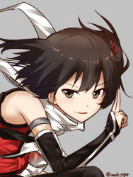 Rule 34 | 10s, 1girl, bangle, bare shoulders, black hair, bracelet, brown eyes, elbow gloves, gloves, hair ornament, jewelry, kantai collection, looking at viewer, max melon, musk tiger, scarf, sendai (kancolle), sendai kai ni (kancolle), short hair, simple background, smile, solo, twitter username, white scarf