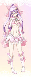 Rule 34 | 1girl, alternate costume, alternate hairstyle, black-framed eyewear, blush, boots, bow, crescent, crescent hair ornament, elbow gloves, glasses, gloves, hair bow, hair ornament, heart, heart cutout, long hair, magical girl, navel, patchouli knowledge, pink gloves, ponytail, purple eyes, purple hair, ribs, sidelocks, skinny, skirt, solo, touhou, yohane