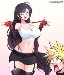 Rule 34 | 1boy, 1girl, absurdres, blonde hair, breasts, cleavage, cloud strife, final fantasy, final fantasy vii, highres, large breasts, legs, midriff, navel, open mouth, skirt, smile, square enix, suspenders, suspenders pull, sweat, tank top, thick thighs, thighs, tifa lockhart
