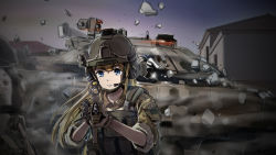 Rule 34 | 1girl, adapted uniform, arma (series), arma 3, assault rifle, battle, black thighhighs, blonde hair, blue eyes, brown hair, camouflage, caterpillar tracks, close-up, commentary, destruction, dress, gun, headset, helmet, highres, house, load bearing vest, long hair, mbt law, military, military uniform, military vehicle, motor vehicle, rifle, soldier, surprised, t-100 varsuk, tank, tanto (tc1995), tc1995, thighhighs, town, twilight, twintails, uniform, vehicle, wall, war, weapon, woodland camouflage, zettai ryouiki