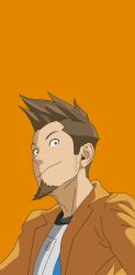 Rule 34 | 1boy, ace attorney, arms at sides, beard, brown eyes, closed mouth, coat, deviantjam, facial hair, goatee, highres, larry butz, looking at viewer, looking to the side, male focus, matching hair/eyes, nose, open clothes, open coat, orange background, orange coat, pocket, profile, shirt, sideburns, simple background, solo, spiked hair, standing, upper body, wallpaper, white shirt