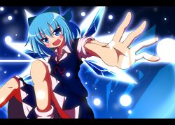 Rule 34 | 1girl, blue dress, blue eyes, blue hair, blush, cirno, do (4-rt), dress, fang, female focus, hair ornament, hair ribbon, ice, ice wings, letterboxed, matching hair/eyes, open mouth, ribbon, short hair, solo, touhou, wings