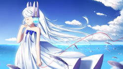 Rule 34 | 1girl, bare shoulders, cloud, day, dress, closed eyes, fish, flying fish, from side, headgear, highres, ji dao ji, le fantasque (warship girls r), long hair, ocean, solo, strapless, strapless dress, string, string of fate, tube dress, very long hair, warship girls r, white hair, wind