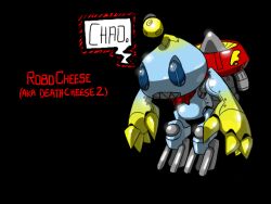 Rule 34 | black background, blue eyes, bow, bowtie, chao (sonic), character name, cheese (sonic), english text, full body, mechanization, no humans, non-humanoid robot, red bow, red bowtie, robot, rockthebull, sharp teeth, simple background, slit pupils, solo, sonic (series), speech bubble, teeth, traditional bowtie