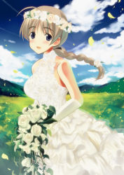 Rule 34 | 1girl, bad id, blue eyes, blush, bouquet, braid, breasts, brown hair, cloud, day, dress, elbow gloves, flower, gloves, hair flower, hair ornament, kyogoku shin, large breasts, long hair, lynette bishop, mountain, open mouth, rose, single braid, sky, sleeveless, sleeveless dress, smile, solo, strike witches, wedding dress, white flower, white rose, world witches series, wreath