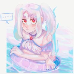 Rule 34 | ..., 1girl, angry, black nails, bloody marie (skullgirls), blush, brooch, frown, innertube, jewelry, marysue, nail polish, partially submerged, red eyes, skullgirls, solo, sweat, swim ring, twintails, water, white hair