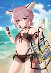 Rule 34 | 1girl, ahoge, animal ear fluff, animal ears, arknights, bad id, bad pixiv id, bag, bare shoulders, beach, bikini, black bikini, blue eyes, blue sky, blush, brown hair, building, cellphone, closed mouth, cloud, commentary request, day, fox ears, fox girl, fox tail, hair between eyes, hair ornament, hairclip, hands up, highres, holding, holding phone, izumi roka, material growth, ocean, official alternate costume, oripathy lesion (arknights), outdoors, phone, sand, sky, solo, sussurro (arknights), sussurro (summer flower) (arknights), swimsuit, tail, transparent, water, x hair ornament