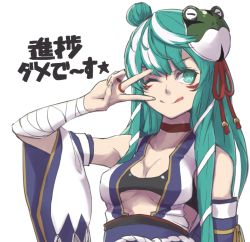 Rule 34 | 1girl, ;p, armpits, bandaged arm, bandages, black bra, bra, breasts, cleavage, closed mouth, collar, collarbone, detached sleeves, eyebrows, eyelashes, facepaint, fingernails, frog hair ornament, green eyes, green hair, hair bun, hair ornament, japanese clothes, kochiya sanae, kumonji aruto, long fingernails, long hair, looking at viewer, matching hair/eyes, meme, multicolored hair, one eye closed, simple background, single hair bun, smile, snake hair ornament, solo, star-shaped pupils, star (symbol), streaked hair, symbol-shaped pupils, text focus, tongue, tongue out, touhou, training bra, two-tone hair, underboob, underwear, upper body, v, white background, white hair