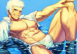 Rule 34 | 1boy, abs, afloat, bara, bare pectorals, blue eyes, bulge, ear piercing, facial scar, feet out of frame, green eyes, heterochromia, knee up, large pectorals, long sideburns, looking at viewer, male focus, male swimwear, milestone celebration, muscular, muscular male, navel, nipples, original, pectorals, piercing, scar, scar on cheek, scar on face, seductive smile, short hair, sideburns, smile, solo, stomach, swim briefs, thick eyebrows, thick thighs, thighs, waku (ayamix), wet male swimwear, white hair, white male swimwear