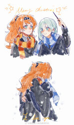 2girls black_robe blue_scarf blush bright_pupils checkered_hairband chinese_commentary collared_shirt commentary_request cosplay english_text freckles green_eyes grey_hair harry_potter_(series) highres hogwarts_school_uniform holding holding_wand hug long_sleeves merry_christmas multiple_girls orange_hair orange_scarf parted_lips reverse:1999 robe scarf school_uniform shirt simple_background smile snowing sonetto_(reverse:1999) two_side_up vertin_(reverse:1999) wand weibo_watermark white_background white_pupils wizarding_world xiao_lu yuri