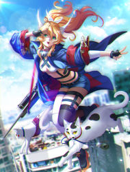 Rule 34 | 1girl, animal, animal ears, armband, asymmetrical legwear, bell, bikini, bikini top only, black footwear, black gloves, blonde hair, blue jacket, blue shorts, blue sky, blurry, blurry background, boots, breasts, brown thighhighs, building, bullet, carrying, cartridge, cat, cat ears, chromatic aberration, city, cleavage, cloud, cloudy sky, collar, commentary, day, explosive, eyelashes, fingerless gloves, glint, gloves, green eyes, grenade, gun, hair between eyes, hair ribbon, hand up, handgun, high collar, high heel boots, high heels, highres, jacket, jingle bell, knee boots, leg warmers, legs together, light rays, long hair, long sleeves, looking at viewer, medium breasts, midair, mouth hold, neck bell, open clothes, open jacket, original, outstretched arm, pistol, ponytail, ribbon, rifle, salute, scope, sheath, sheathed, short shorts, shorts, sky, sniper rifle, solo, st (brute18), strap, sunlight, swimsuit, thigh strap, thighhighs, tongue, tongue out, uneven legwear, v, weapon, white bikini, white ribbon, wide sleeves
