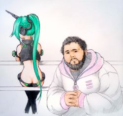 Rule 34 | 1boy, 1girl, ass, bare shoulders, beard, butt crack, character request, commentary, cosplay, crop top, english commentary, facial hair, fat, fat man, from behind, grand prix richmond crackstyle (meme), green hair, headgear, high ponytail, horns, isaki tanaka, legs together, long hair, looking at viewer, meme, midriff, mustache, neptune (neptunia), neptune (neptunia) (cosplay), neptune (series), next green, ponytail, revealing clothes, shin jigen game neptune vii, simple background, single horn, sitting, very long hair, white background