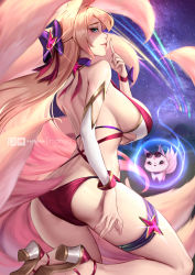 Rule 34 | 1girl, absurdres, animal ears, ass, bikini, blonde hair, bow, breasts, cian yo, closed mouth, detached sleeves, finger to mouth, fox tail, from side, hair bow, hand on own thigh, high heels, highres, index finger raised, kneeling, large breasts, long hair, looking at viewer, looking to the side, nail polish, narrow waist, pink nails, red bikini, seductive smile, sideboob, smile, solo, swimsuit, tagme, tail, thigh strap, very long hair