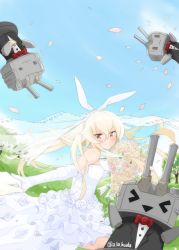 Rule 34 | 1girl, alakoala, bare shoulders, blonde hair, bouquet, breasts, bridal veil, brown eyes, dress, flower, grin, holding hands, highres, kantai collection, long hair, pov, rensouhou-chan, shimakaze (kancolle), small breasts, smile, veil, wedding dress