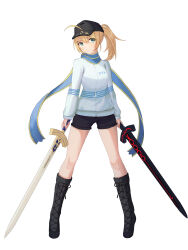 Rule 34 | 1girl, absurdres, ahoge, artoria pendragon (all), artoria pendragon (fate), black footwear, black headwear, black shorts, blonde hair, blue jacket, blue scarf, boots, cross-laced footwear, dual wielding, excalibur morgan (fate), fate/grand order, fate (series), green eyes, highres, himitsucalibur (fate), holding, holding sword, holding weapon, jacket, mysterious heroine x (fate), ponytail, saber (fate), scarf, shorts, solo, sorugi park, sword, track jacket, weapon