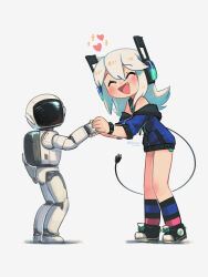 Rule 34 | 1girl, 1other, :d, ^ ^, absurdres, asimo, black footwear, blue jacket, blush, cable, cable tail, closed eyes, commentary, digitan (porforever), electric plug, english commentary, facing viewer, fang, green nails, grey background, grey hair, heart, highres, holding hands, humanoid robot, jacket, long hair, long sleeves, mechanical tail, nail polish, off shoulder, open mouth, porforever, power symbol, robot, shadow, shoes, simple background, smile, socks, standing, striped clothes, striped socks, tail