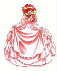 Rule 34 | 1990s (style), 1girl, araizumi rui, blush, bride, curtsey, dress, earrings, elbow gloves, flower, full body, gloves, hair flower, hair ornament, highres, jewelry, leaning forward, lily (flower), lina inverse, long hair, looking at viewer, necklace, one eye closed, pink dress, red eyes, red hair, retro artstyle, simple background, slayers, sleeveless, solo, standing, strapless, strapless dress, wedding dress, white background, wink