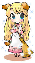Rule 34 | 1girl, animal ears, apron, blonde hair, blue eyes, blush, broom, dog ears, dog tail, dress, long hair, original, pigeon-toed, shadow, shudou rima, simple background, smile, solo, sparkle, standing, tail, white background
