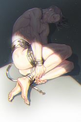 Rule 34 | 1boy, ass, barefoot, black eyes, black hair, bound, bound legs, bound wrists, chain, chained, completely nude, facial hair, facial scar, feet, full body, golden kamuy, hair slicked back, hair strand, highres, light particles, looking at viewer, male focus, nude, ogata hyakunosuke, scar, scar on cheek, scar on face, short hair, simple background, soles, solo, stomach, stubble, sunlight, thighs, toes, toned, toned male, undercut, w55674570w