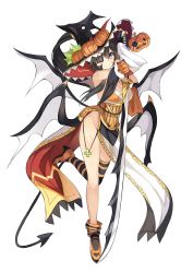 Rule 34 | 1girl, between breasts, blue eyes, breasts, brown hair, demon girl, demon tail, demon wings, eyepatch, full body, hat, high heels, highres, holding, holding sword, holding weapon, jack-o&#039;-lantern, leg up, long hair, looking at viewer, loose thighhigh, multiple wings, pelvic curtain, sengoku no sadorihime, simple background, smile, solo, sword, tail, weapon, white background, wings