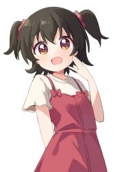 Rule 34 | akagi miria, arm behind back, black hair, bow, brown eyes, child, commentary request, cowboy shot, crossed bangs, dress, dress bow, hair between eyes, hand up, haru (konomi 150), highres, idolmaster, idolmaster cinderella girls, open mouth, partial commentary, pinafore dress, red bow, red dress, shirt, short hair, short sleeves, simple background, sleeveless, sleeveless dress, two side up, white background, white shirt