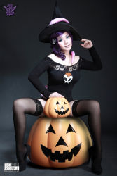 Rule 34 | 1girl, asian, cosplay, feet, halloween, hat, high heels, lace, lace-trimmed legwear, lace trim, photo (medium), pumpkin, purple hair, tentacles, thighhighs, witch hat, zone-tan