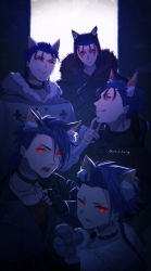 Rule 34 | 5boys, :q, absurdres, adam&#039;s apple, alternate costume, animal ear fluff, animal ear headwear, animal ears, animal hands, bad id, bad pixiv id, blue hair, blue theme, braid, cat ears, choker, collarbone, cu chulainn (caster) (fate), cu chulainn (fate), cu chulainn (fate) (all), cu chulainn (fate/prototype), cu chulainn (fate/stay night), cu chulainn alter (fate), dark, earclip, earrings, facial mark, fake animal ears, fang, fang out, fangs, fate/grand order, fate/grand order arcade, fate/prototype, fate/stay night, fate (series), fingerless gloves, fingernails, fomnant, frown, fur-trimmed hood, fur trim, gloves, glowing, glowing eyes, hair over shoulder, hand on own chin, highres, hood, hood down, hood up, hoop earrings, jacket, jewelry, kemonomimi mode, leather, leather jacket, licking lips, long hair, long sleeves, looking at viewer, looking back, low ponytail, male focus, multiple boys, notched ear, open mouth, paw gloves, ponytail, red eyes, setanta (fate), sharp fingernails, sharp teeth, single sidelock, smile, smirk, spiked hair, teeth, tongue, tongue out, twitter username, upper body