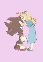 Rule 34 | 1boy, 1girl, arms behind back, blonde hair, blue eyes, blue footwear, blue hairband, blush stickers, closed mouth, dress, closed eyes, kissing forehead, full body, furry, furry male, gloves, hairband, heart, kiss, kissing forehead, long hair, maria robotnik, pink background, red eyes, shadow the hedgehog, simple background, sonic (series), standing, tondamanuke, white gloves