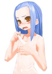 Rule 34 | 1girl, blue hair, blush, brown eyes, flat chest, one-piece swimsuit, original, see-through, solo, swimsuit, unaji