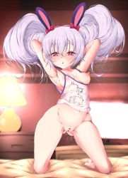 Rule 34 | 1girl, :o, absurdres, animal ears, armpits, arms behind head, arms up, azur lane, bare legs, bottomless, breasts, censored, cleft of venus, collarbone, covered erect nipples, curvy, ether core, hair between eyes, highres, laffey (azur lane), light purple hair, long hair, looking at viewer, medium breasts, nipples, pink eyes, pussy, pussy juice, rabbit ears, shiny skin, solo, two side up, wide hips