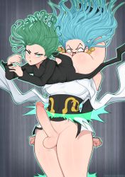 Rule 34 | 2girls, afrobull, ass, between thighs, black dress, blue hair, breasts, dress, earrings, erection, face in ass, futa with female, futanari, glasses, green eyes, green hair, handjob, highres, jewelry, large breasts, large penis, long hair, long sleeves, looking at viewer, multiple girls, one-punch man, parted lips, penis, psychos (one-punch man), restrained, sitting, sitting on face, sitting on person, small breasts, tatsumaki, telekinesis, testicles, thighs, uncensored