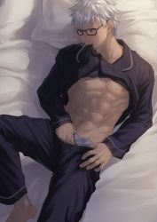 Rule 34 | 1boy, ab, abs, archer (fate), artist name, bare pectorals, barefoot, black pants, black shirt, briefs, clothes lift, collarbone, commentary request, fate (series), foot out of frame, from above, glasses, grey male underwear, hand in pants, highres, long sleeves, lying, male focus, male underwear, mondi hl, mouth hold, muscular, navel, nipples, on back, on bed, pants, pectorals, pillow, shirt, shirt lift, solo, underwear