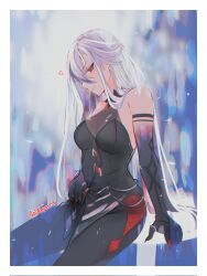 Rule 34 | 1girl, aoiabyss, arlecchino (genshin impact), bare shoulders, black pants, black shirt, breasts, commentary request, genshin impact, grey hair, grin, heart, highres, leggings, long hair, looking at viewer, medium breasts, pants, parted lips, shirt, sitting, smile, solo, very long hair