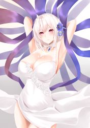 Rule 34 | 1girl, absurdres, alternate costume, armpits, arms behind head, azur lane, blush, breasts, choker, cleavage, commentary request, dress, gem, hair between eyes, highres, jewelry, large breasts, long hair, necklace, red eyes, sirius (azur lane), sirius (white rose) (azur lane), surota, thighs, white dress, white hair