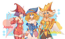 Rule 34 | 3girls, absurdres, apple magician girl, bare shoulders, bike shorts, black shorts, blonde hair, blue eyes, blue headwear, blush, boots, breasts, brown eyes, cleavage, cowboy shot, dark magician girl, dress, duel monster, earrings, flipped hair, gloves, hand up, hat, heart, highres, jewelry, large breasts, lemon magician girl, long hair, looking at viewer, multiple girls, off shoulder, one eye closed, open mouth, platinum blonde hair, raimo, red dress, red gloves, red headwear, red legwear, short hair, shorts, smile, strapless, strapless dress, thigh boots, thighhighs, v, wizard hat, yellow gloves, yellow headwear, yu-gi-oh!, yu-gi-oh! duel monsters, yu-gi-oh! the dark side of dimensions