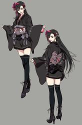 Rule 34 | 1girl, alternate costume, black hair, black thighhighs, boots, concept art, final fantasy, final fantasy vii, final fantasy vii remake, flower, full body, grey background, hair flower, hair ornament, high heel boots, high heels, japanese clothes, jpeg artifacts, kimono, multiple views, official alternate costume, official art, roberto ferrari, simple background, thighhighs, tifa lockhart, tifa lockhart (exotic dress), wall market, wide sleeves