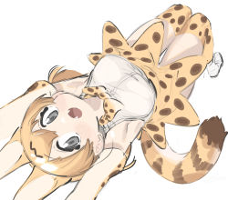 Rule 34 | 1girl, :o, animal ears, armpits, bad id, bad pixiv id, black eyes, blonde hair, blush, bow, bowtie, breasts, elbow gloves, fangs, gloves, highres, kemono friends, kona ming, looking at viewer, lying, medium breasts, on back, open mouth, serval (kemono friends), serval print, serval tail, shirt, short hair, sketch, skirt, sleeveless, sleeveless shirt, solo, tail, thighhighs, traditional bowtie, white background