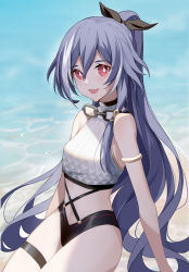 Rule 34 | 1girl, absurdres, bare shoulders, beach, bikini, blue hat, breasts, fu hua, fu hua (herrscher of sentience), glasses, grey hair, hair between eyes, hair ribbon, hat, highres, honkai (series), honkai impact 3rd, monabianou, navel, open mouth, ponytail, red eyes, ribbon, small breasts, smile, solo, stomach, swimsuit, thighs